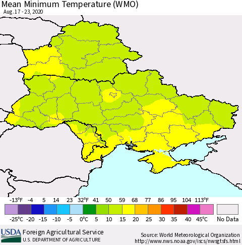 Ukraine, Moldova and Belarus Minimum Temperature (WMO) Thematic Map For 8/17/2020 - 8/23/2020