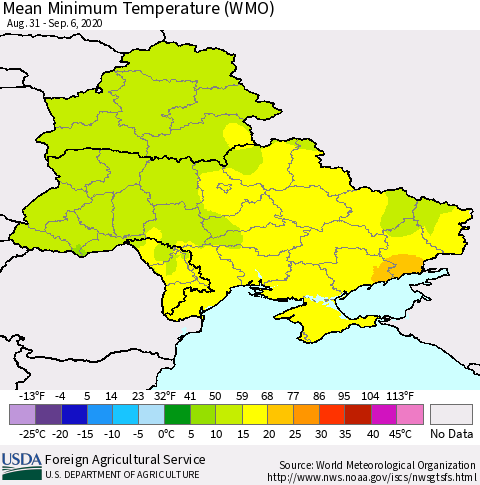 Ukraine, Moldova and Belarus Minimum Temperature (WMO) Thematic Map For 8/31/2020 - 9/6/2020