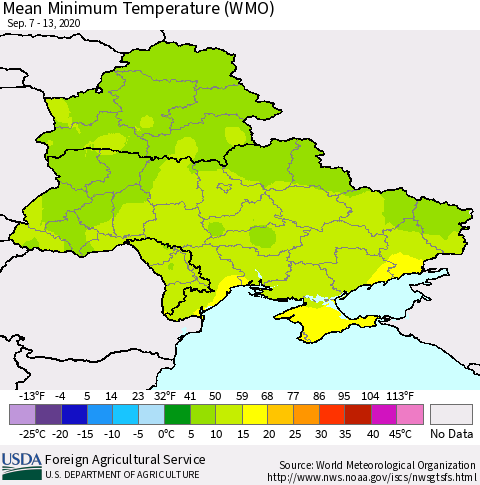 Ukraine, Moldova and Belarus Minimum Temperature (WMO) Thematic Map For 9/7/2020 - 9/13/2020