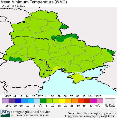 Ukraine, Moldova and Belarus Minimum Temperature (WMO) Thematic Map For 10/26/2020 - 11/1/2020