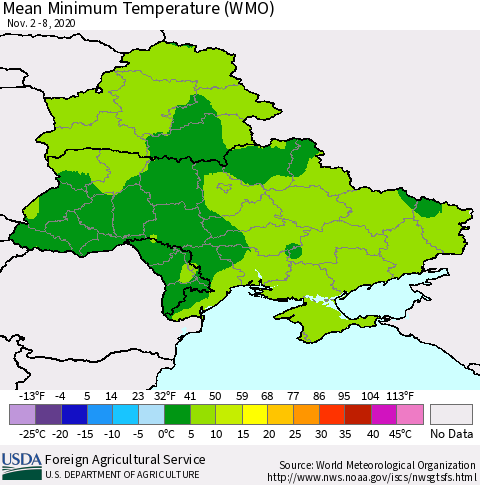 Ukraine, Moldova and Belarus Minimum Temperature (WMO) Thematic Map For 11/2/2020 - 11/8/2020
