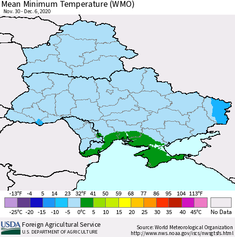 Ukraine, Moldova and Belarus Minimum Temperature (WMO) Thematic Map For 11/30/2020 - 12/6/2020