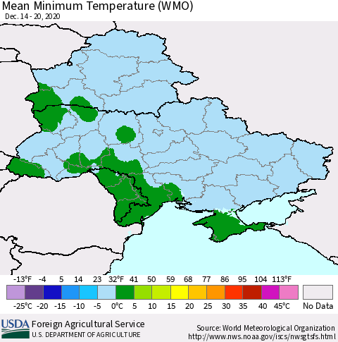 Ukraine, Moldova and Belarus Minimum Temperature (WMO) Thematic Map For 12/14/2020 - 12/20/2020