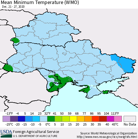 Ukraine, Moldova and Belarus Minimum Temperature (WMO) Thematic Map For 12/21/2020 - 12/27/2020