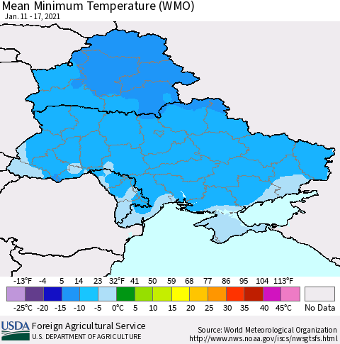 Ukraine, Moldova and Belarus Minimum Temperature (WMO) Thematic Map For 1/11/2021 - 1/17/2021