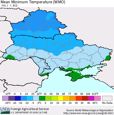 Ukraine, Moldova and Belarus Minimum Temperature (WMO) Thematic Map For 2/1/2021 - 2/7/2021