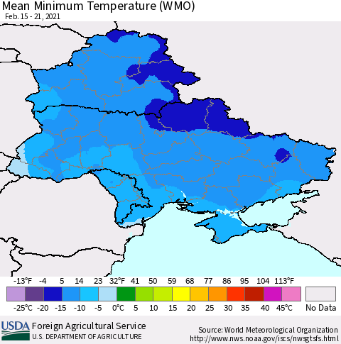 Ukraine, Moldova and Belarus Minimum Temperature (WMO) Thematic Map For 2/15/2021 - 2/21/2021