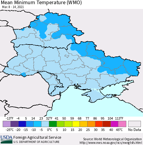 Ukraine, Moldova and Belarus Minimum Temperature (WMO) Thematic Map For 3/8/2021 - 3/14/2021