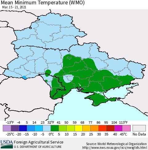 Ukraine, Moldova and Belarus Minimum Temperature (WMO) Thematic Map For 3/15/2021 - 3/21/2021