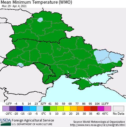 Ukraine, Moldova and Belarus Minimum Temperature (WMO) Thematic Map For 3/29/2021 - 4/4/2021