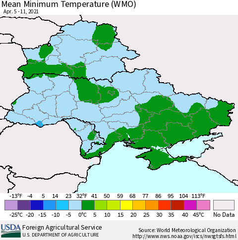 Ukraine, Moldova and Belarus Minimum Temperature (WMO) Thematic Map For 4/5/2021 - 4/11/2021