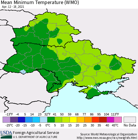 Ukraine, Moldova and Belarus Minimum Temperature (WMO) Thematic Map For 4/12/2021 - 4/18/2021