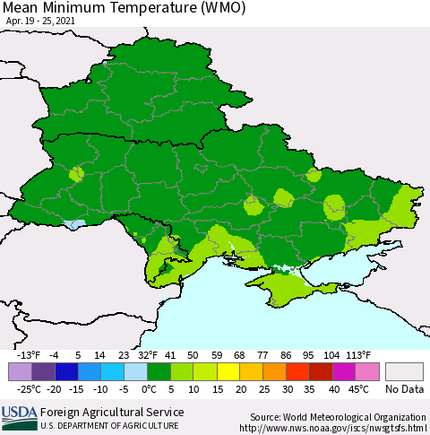 Ukraine, Moldova and Belarus Minimum Temperature (WMO) Thematic Map For 4/19/2021 - 4/25/2021