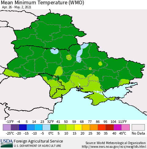 Ukraine, Moldova and Belarus Minimum Temperature (WMO) Thematic Map For 4/26/2021 - 5/2/2021