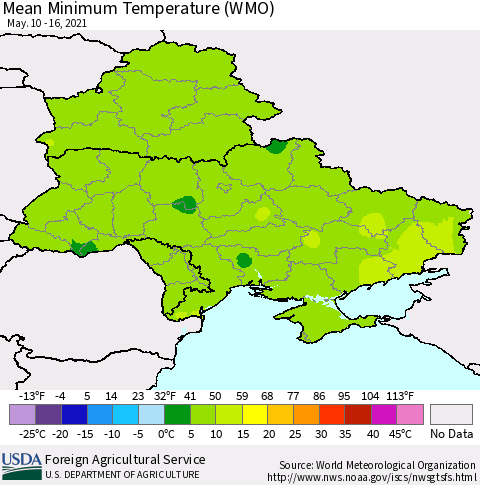 Ukraine, Moldova and Belarus Minimum Temperature (WMO) Thematic Map For 5/10/2021 - 5/16/2021