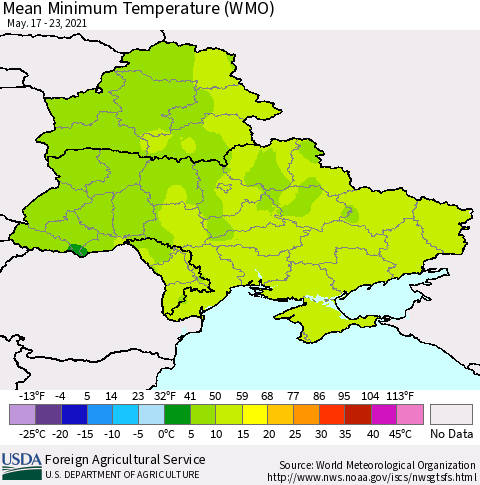Ukraine, Moldova and Belarus Minimum Temperature (WMO) Thematic Map For 5/17/2021 - 5/23/2021
