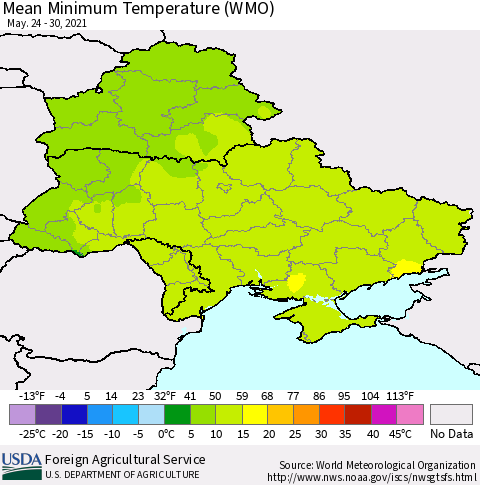 Ukraine, Moldova and Belarus Minimum Temperature (WMO) Thematic Map For 5/24/2021 - 5/30/2021