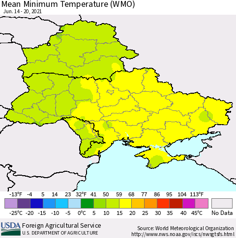 Ukraine, Moldova and Belarus Minimum Temperature (WMO) Thematic Map For 6/14/2021 - 6/20/2021