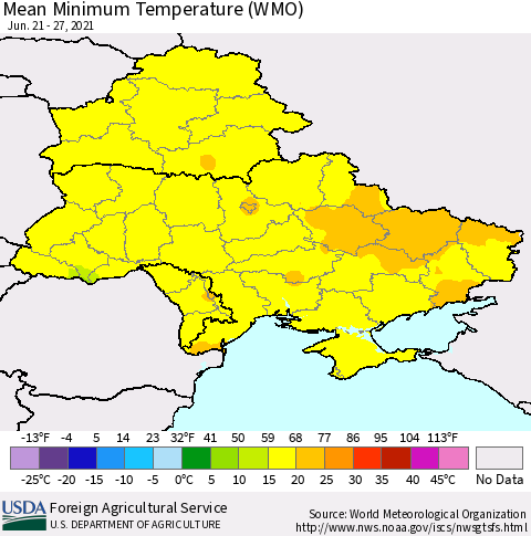 Ukraine, Moldova and Belarus Minimum Temperature (WMO) Thematic Map For 6/21/2021 - 6/27/2021