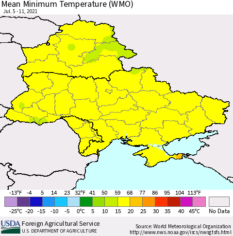 Ukraine, Moldova and Belarus Minimum Temperature (WMO) Thematic Map For 7/5/2021 - 7/11/2021