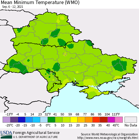 Ukraine, Moldova and Belarus Minimum Temperature (WMO) Thematic Map For 9/6/2021 - 9/12/2021