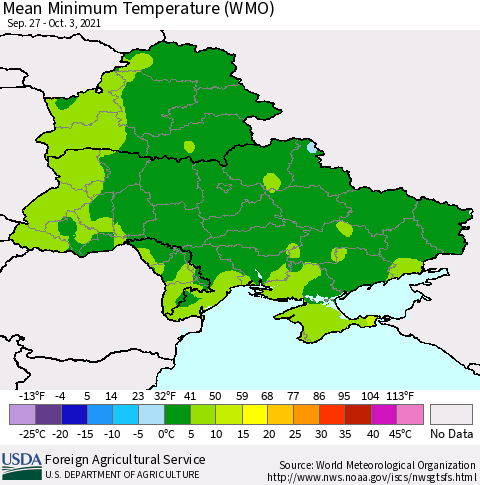Ukraine, Moldova and Belarus Minimum Temperature (WMO) Thematic Map For 9/27/2021 - 10/3/2021