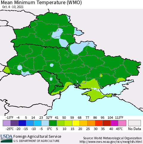 Ukraine, Moldova and Belarus Minimum Temperature (WMO) Thematic Map For 10/4/2021 - 10/10/2021