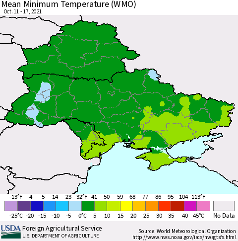 Ukraine, Moldova and Belarus Minimum Temperature (WMO) Thematic Map For 10/11/2021 - 10/17/2021