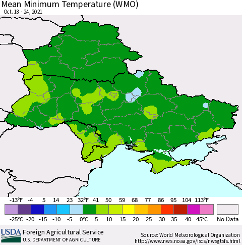 Ukraine, Moldova and Belarus Minimum Temperature (WMO) Thematic Map For 10/18/2021 - 10/24/2021
