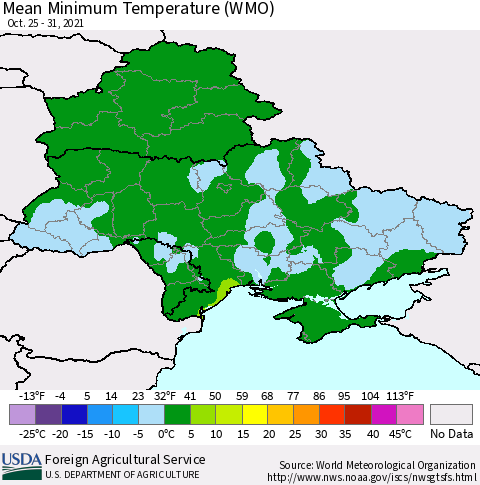 Ukraine, Moldova and Belarus Minimum Temperature (WMO) Thematic Map For 10/25/2021 - 10/31/2021