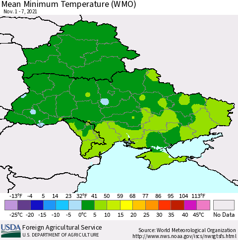 Ukraine, Moldova and Belarus Minimum Temperature (WMO) Thematic Map For 11/1/2021 - 11/7/2021