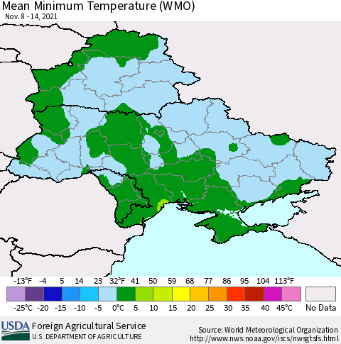 Ukraine, Moldova and Belarus Minimum Temperature (WMO) Thematic Map For 11/8/2021 - 11/14/2021