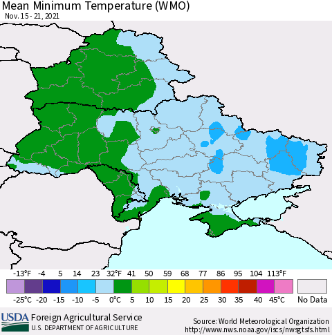 Ukraine, Moldova and Belarus Minimum Temperature (WMO) Thematic Map For 11/15/2021 - 11/21/2021