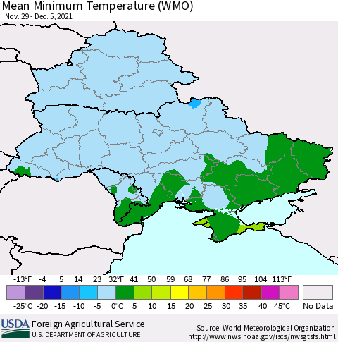 Ukraine, Moldova and Belarus Minimum Temperature (WMO) Thematic Map For 11/29/2021 - 12/5/2021