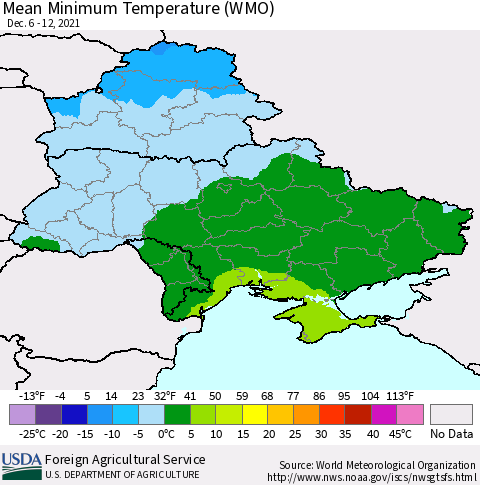 Ukraine, Moldova and Belarus Minimum Temperature (WMO) Thematic Map For 12/6/2021 - 12/12/2021