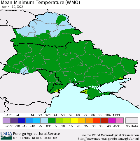 Ukraine, Moldova and Belarus Minimum Temperature (WMO) Thematic Map For 4/4/2022 - 4/10/2022