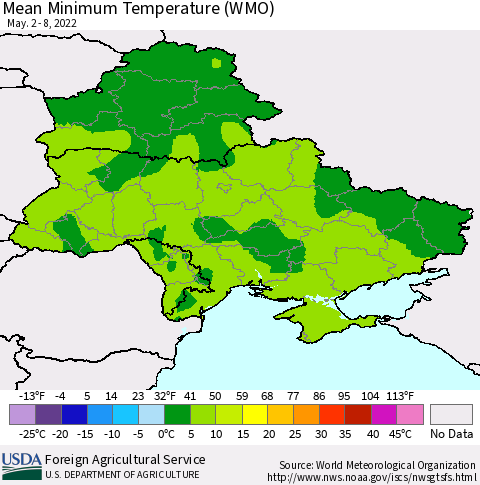 Ukraine, Moldova and Belarus Minimum Temperature (WMO) Thematic Map For 5/2/2022 - 5/8/2022