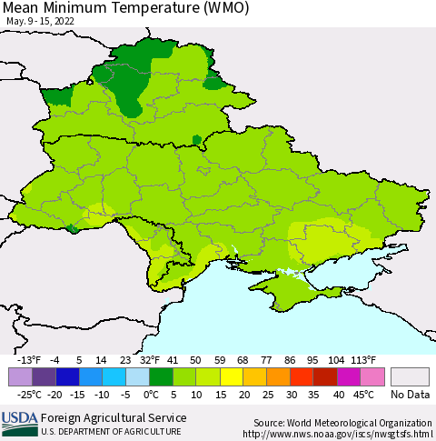 Ukraine, Moldova and Belarus Minimum Temperature (WMO) Thematic Map For 5/9/2022 - 5/15/2022