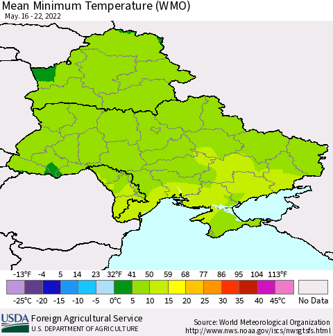 Ukraine, Moldova and Belarus Minimum Temperature (WMO) Thematic Map For 5/16/2022 - 5/22/2022