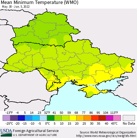 Ukraine, Moldova and Belarus Minimum Temperature (WMO) Thematic Map For 5/30/2022 - 6/5/2022