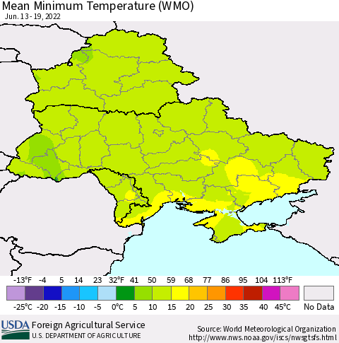 Ukraine, Moldova and Belarus Minimum Temperature (WMO) Thematic Map For 6/13/2022 - 6/19/2022