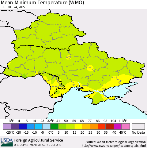 Ukraine, Moldova and Belarus Minimum Temperature (WMO) Thematic Map For 7/18/2022 - 7/24/2022