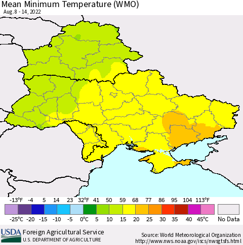 Ukraine, Moldova and Belarus Minimum Temperature (WMO) Thematic Map For 8/8/2022 - 8/14/2022
