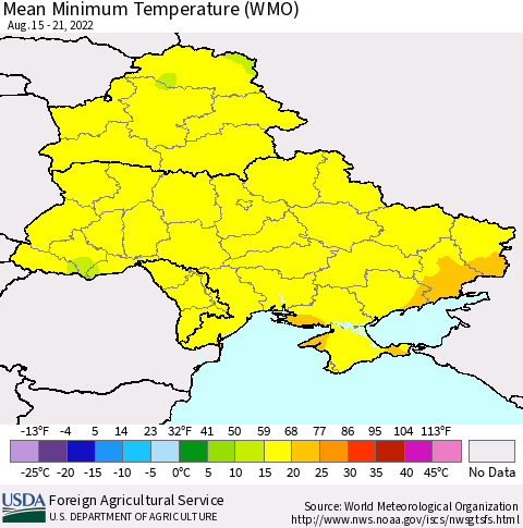 Ukraine, Moldova and Belarus Minimum Temperature (WMO) Thematic Map For 8/15/2022 - 8/21/2022