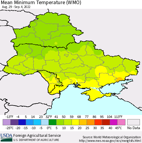 Ukraine, Moldova and Belarus Minimum Temperature (WMO) Thematic Map For 8/29/2022 - 9/4/2022