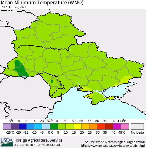 Ukraine, Moldova and Belarus Minimum Temperature (WMO) Thematic Map For 9/19/2022 - 9/25/2022