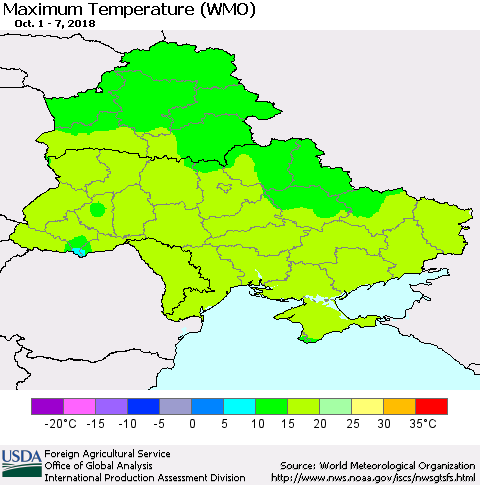 Ukraine, Moldova and Belarus Maximum Temperature (WMO) Thematic Map For 10/1/2018 - 10/7/2018