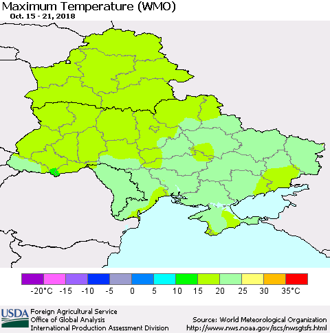 Ukraine, Moldova and Belarus Maximum Temperature (WMO) Thematic Map For 10/15/2018 - 10/21/2018
