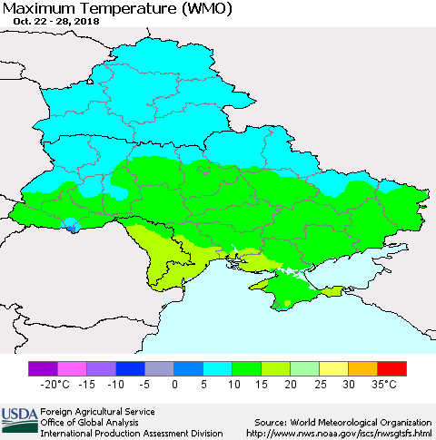 Ukraine, Moldova and Belarus Maximum Temperature (WMO) Thematic Map For 10/22/2018 - 10/28/2018