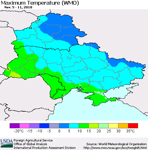 Ukraine, Moldova and Belarus Maximum Temperature (WMO) Thematic Map For 11/5/2018 - 11/11/2018